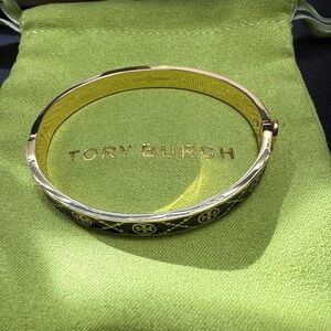 Tory Burch Black Enamel & Gold Logo Hinged Bangle